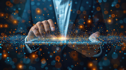 Businessman using tablet analyzing sales data and financial report, business growth graph chart. digital marketing planning and strategy, financial report, business, finance and investment concept. AI