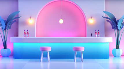 Modern, pastel-themed bar with minimalist design, featuring pink and blue neon lighting, two bar stools, and tropical plants. A stylish and inviting atmosphere.