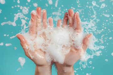 Fototapeta premium Hands Covered in Soapy Bubbles Against a Blue Background