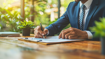 Businessman using tablet analyzing sales data and financial report, business growth graph chart. digital marketing planning and strategy, financial report, business, finance and investment concept. AI