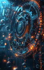 Obraz premium Abstract digital art with glowing orbs and intricate gears, evoking a futuristic and technological aesthetic.
