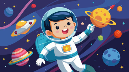 Naklejka premium A young East Asian child dressed as an astronaut, floating in space and holding a planet model. 