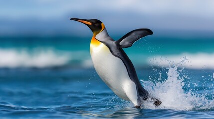 Fototapeta premium A penguin is jumping into the water. The water is blue and the penguin is surrounded by grass