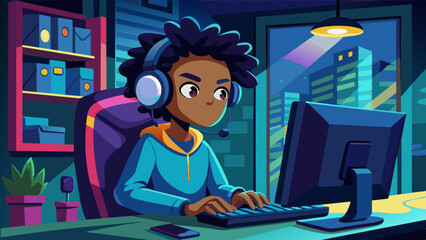 A mixed-race teenager dressed as a gamer, sitting at a computer with a headset and a focused look.
