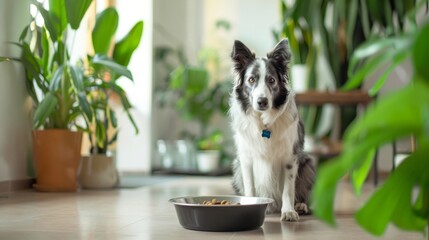Obraz premium Attentive Border Collie Waiting Patiently by Food Bowl at Home