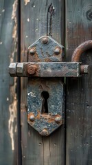 rusty lock on a wooden door with a keyhole