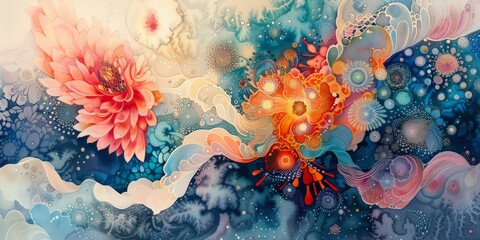 Abstract Watercolor Painting with Flowers and Cosmic Elements