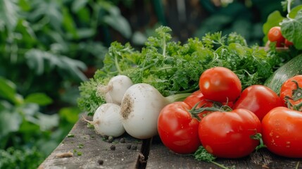 Fresh Organic Vegetables on Rustic Wooden Table in Garden