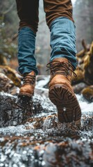 Naklejka premium person walking on a rocky stream in the woods