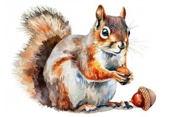 Adorable Curious Squirrel with Acorn in Watercolor Style on White Background