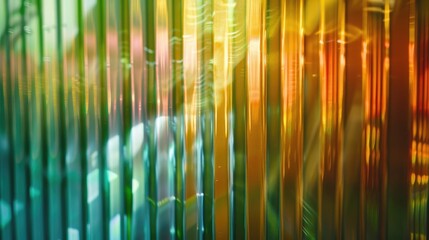Multicolored ribbed glass against a green backdrop with light passing through acrylic sheets