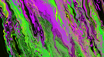 Bright fluid violet green, neon light background. Abstract liquid purple pink wave. Glitch Art trippy digital screen. Backdrop. Royal banner. Template. Luxury texture. Tech card. Big data. Wallpaper.