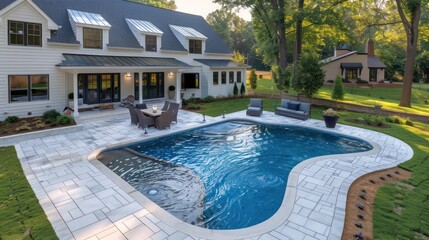 Suburban farmhouse with a large backyard featuring a custom swimming pool and a surrounding patio area