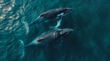 Fototapeta premium Twins Whale, The North Atlantic right whale is one of the most endangered large whale species. Humpback whale playfully swimming in clear blue ocean. Humpback.