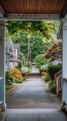 narrow street with a house and trees in the background