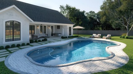 Suburban farmhouse with a large backyard featuring a custom swimming pool and a surrounding patio area