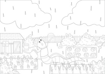 Obraz premium Coloring page with a gardening worm working in his garden