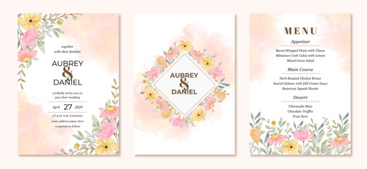 wedding invitation set with soft yellow pink floral watercolor frame