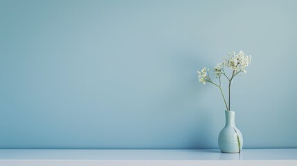 White Flowers in a Blue Vase Against a Light Blue Wall