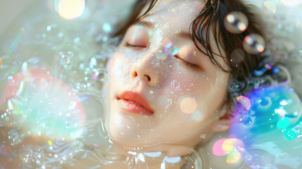 Fototapeta premium Korean beautiful woman, with her eyes closed, lying in the bathtub with light glowing around her face, her beautiful skin texture shining through the water