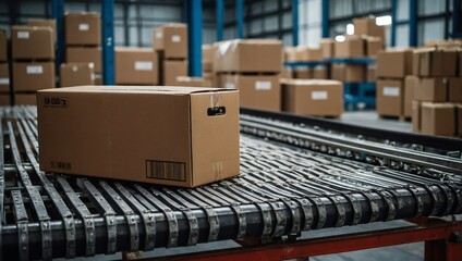 Obraz premium Logistics and Distribution, Industrial Automation - Cardboard boxes on a conveyor belt in a warehouse indicate efficient logistics and distribution, emphasizing automation in the industrial 