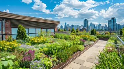 Urban Rooftop Garden Oasis Against City Skyline