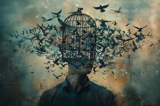 Surreal Artwork of a Man with a Birdcage Head and Birds Flying Free