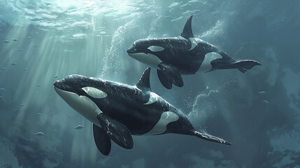 Obraz premium Orca or killer whale traveling on pacific ocean off the east coast of the north island, The orca whale is the largest species in Delphinidae.