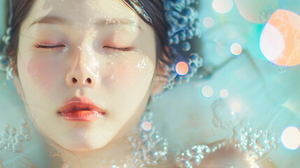 Korean beautiful woman, with her eyes closed, lying in the bathtub with light glowing around her face, her beautiful skin texture shining through the water