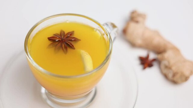 Healthy tea closeup with anise, lemon and turmeric with ginger root at the background