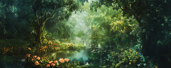 Obraz premium Lush green forest scene with calm river and flowers