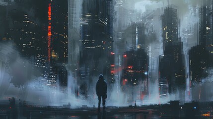 Naklejka premium City dwellers, feeling lonely, depicted in surreal, conceptual artwork and painting.