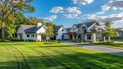 Fototapeta premium Suburban farmhouse with a modern design, featuring an expansive front lawn and a picturesque tree-lined driveway