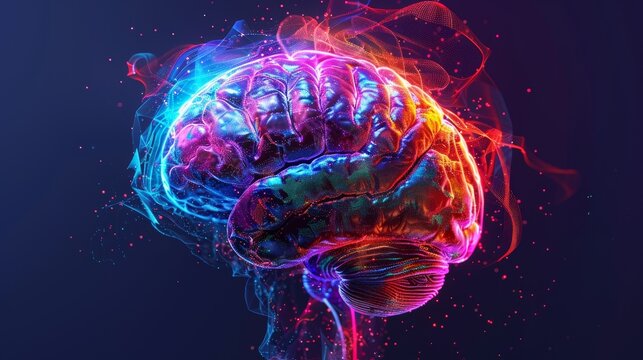 Human brain exploding with vibrant ideas, futuristic, neon colors, 3D rendering, holographic and AI-inspired visuals