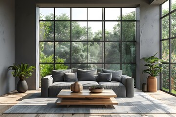 Modern Living Room with Large Windows Overlooking Lush Greenery