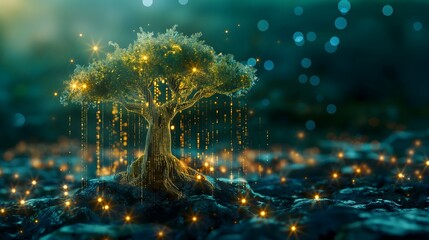 Fantasy digital tree glowing with golden lights