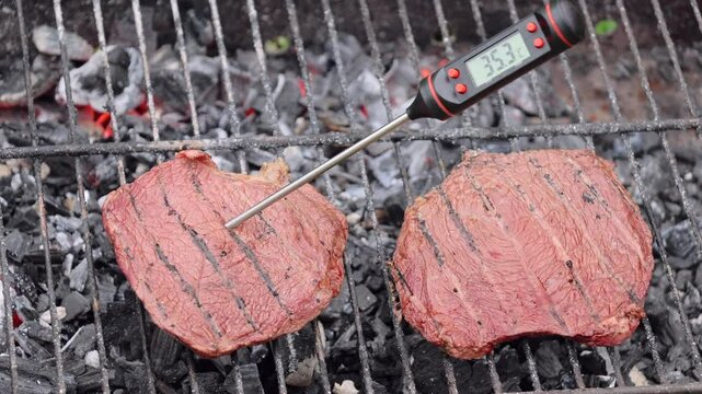 Person checking grilled steak on barbecue with digital thermometer with Celsius scale. It shows temperature below the safe cooking threshold for beef meat signaling a potential risk of foodborne illne