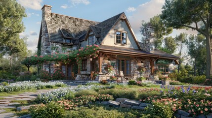 Obraz premium Suburban farmhouse with a stone facade and cedar shake roof, surrounded by a flower garden in full bloom