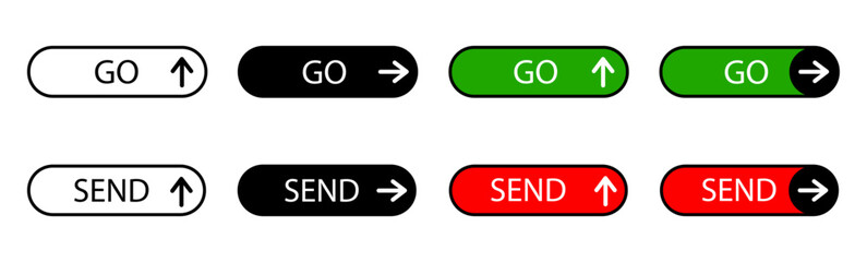 Set of colored green, red or black vector buttons with forward or back arrow icons for websites and applications on a white background
