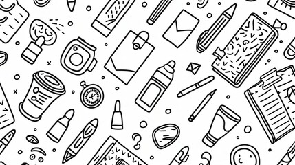 Black and white line drawing of stationery items on the background