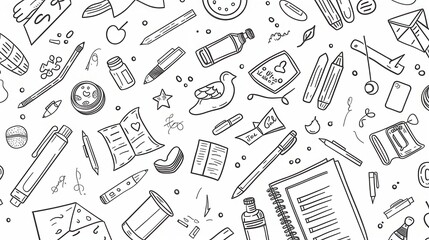 Black and white line drawing of stationery items on the background