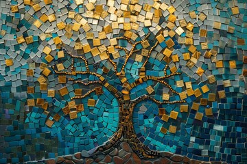 Small golden and turquoise mosaic tiles pattern forming a tree background. 
