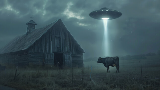 A moody evening with a UFO in the sky, flying next to an old barn where a cow is standing. The UFO is a flying saucer, trying to grab the cow