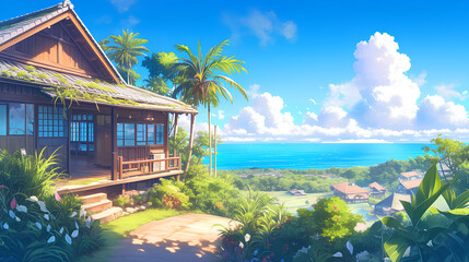 view from the hill, a beautiful wooden house in a coconut grove, with a winding road leading to the house, beautiful view in the morning, leaves and bushes in the foreground