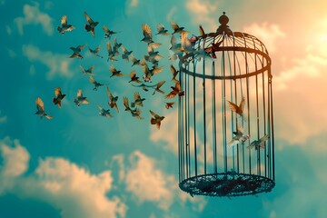 Birds Soaring to Freedom from an Open Cage Against a Vibrant Sky
