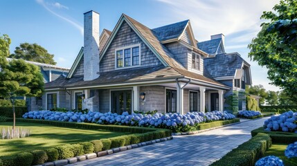 suburban farmhouse with a New England cottage style, featuring a shingled roof and hydrangeas lining the walkway
