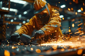 Industrial Worker Grinding Metal with Sparks Flying in a Factory