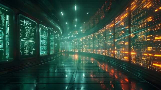 Futuristic Data Center Corridor with Illuminated Digital Panels