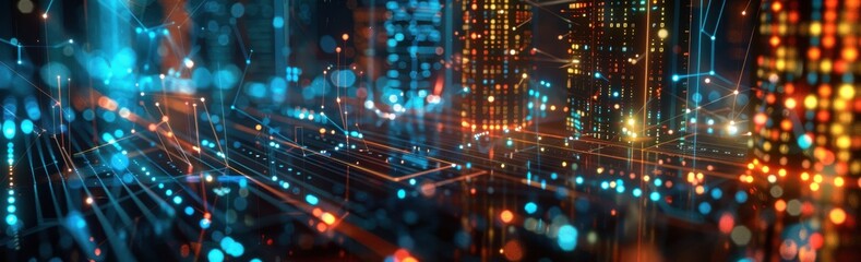 3d rendering of digital cityscape with glowing data and network connections in blue, orange and black colors.