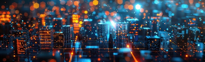 Obraz premium 3d rendering of digital cityscape with glowing data and network connections in blue, orange and black colors.